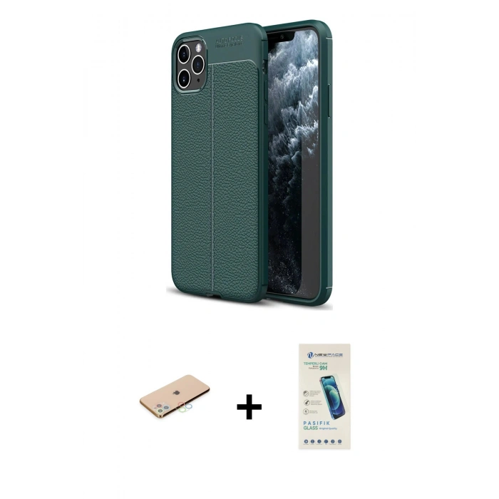 MARSİLYAN™- iPhone 11 Pro Max Kılıf Doruk Klasik Özel Seri - Şeffaf Pasifik Cam Ekran Koruyucu + Renkli Kamera Lens Koruma Cam - MI