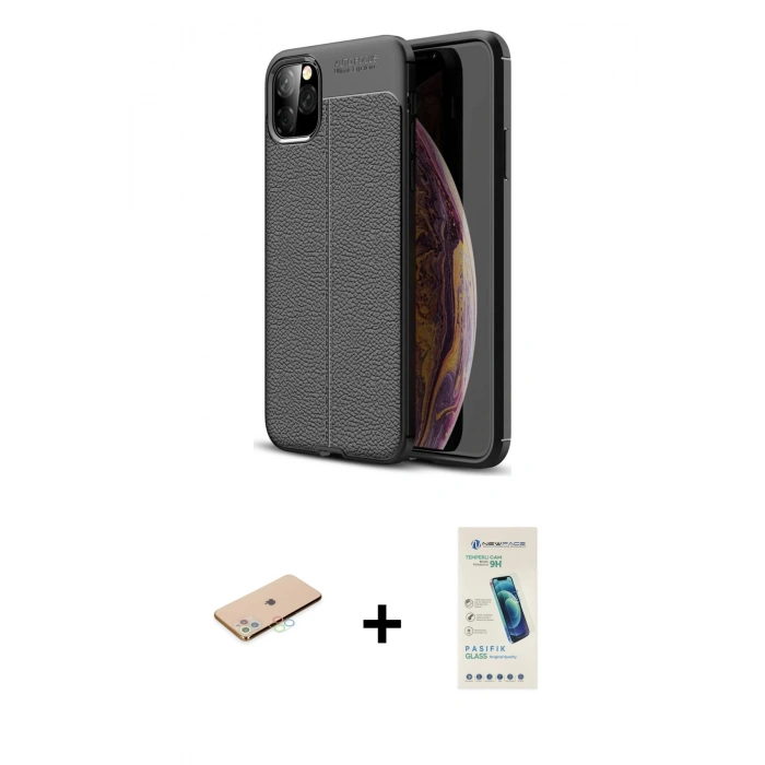 MARSİLYAN™- iPhone 11 Pro Max Kılıf Doruk Klasik Özel Seri - Şeffaf Pasifik Cam Ekran Koruyucu + Renkli Kamera Lens Koruma Cam - MI