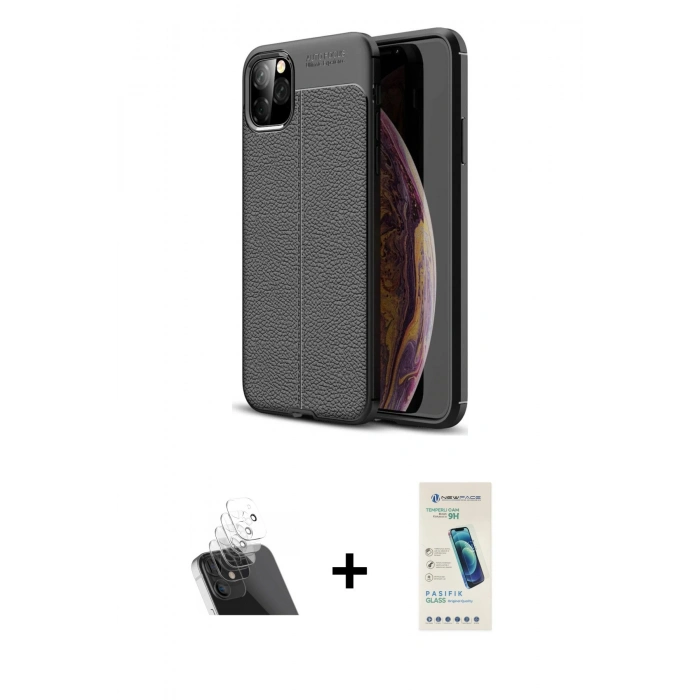 MARSİLYAN™- iPhone 11 Pro Max Kılıf Doruk Klasik Özel Seri - Şeffaf Pasifik Cam Ekran Koruyucu + Kamera Lens Koruma Cam - SF
