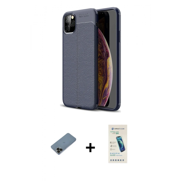 MARSİLYAN™- iPhone 11 Pro Max Kılıf Doruk Klasik Özel Seri - Şeffaf Pasifik Cam Ekran Koruyucu + Shine Kamera Lens Koruma Cam - SH