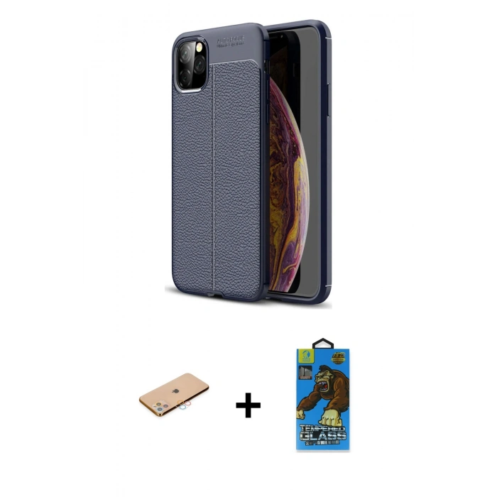MARSİLYAN™- iPhone 11 Pro Max Kılıf Doruk Klasik Özel Seri - Siyah 18D Cam Ekran Koruyucu + Renkli Kamera Lens Koruma Cam - PE