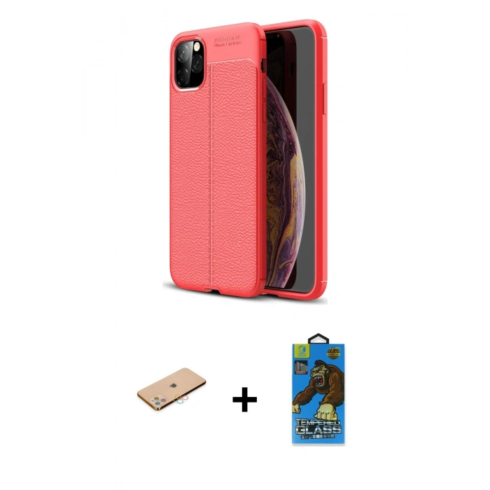 MARSİLYAN™- iPhone 11 Pro Max Kılıf Doruk Klasik Özel Seri - Siyah 18D Cam Ekran Koruyucu + Renkli Kamera Lens Koruma Cam - PE