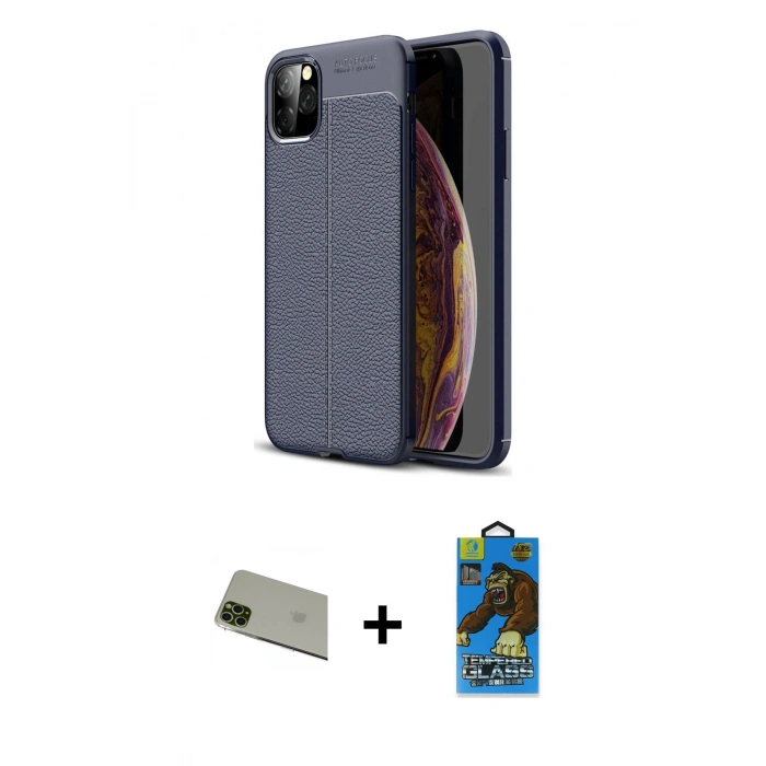 MARSİLYAN™- iPhone 11 Pro Max Kılıf Doruk Klasik Özel Seri - Siyah 18D Cam Ekran Koruyucu + Rainbow Kamera Lens Koruma Cam - YL