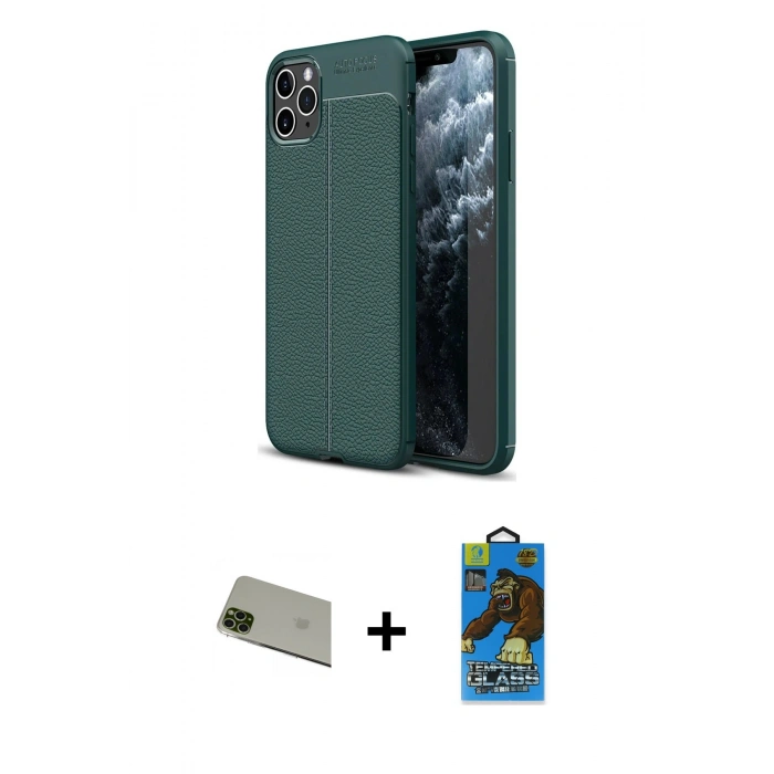 MARSİLYAN™- iPhone 11 Pro Max Kılıf Doruk Klasik Özel Seri - Siyah 18D Cam Ekran Koruyucu + Rainbow Kamera Lens Koruma Cam - YL