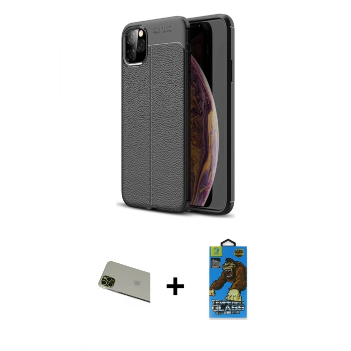 MARSİLYAN™- iPhone 11 Pro Max Kılıf Doruk Klasik Özel Seri - Siyah 18D Cam Ekran Koruyucu + Rainbow Kamera Lens Koruma Cam - YL