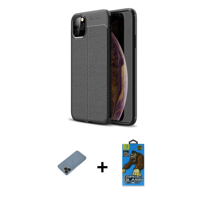 MARSİLYAN™- iPhone 11 Pro Max Kılıf Doruk Klasik Özel Seri - Siyah 18D Cam Ekran Koruyucu + Shine Kamera Lens Koruma Cam - SH