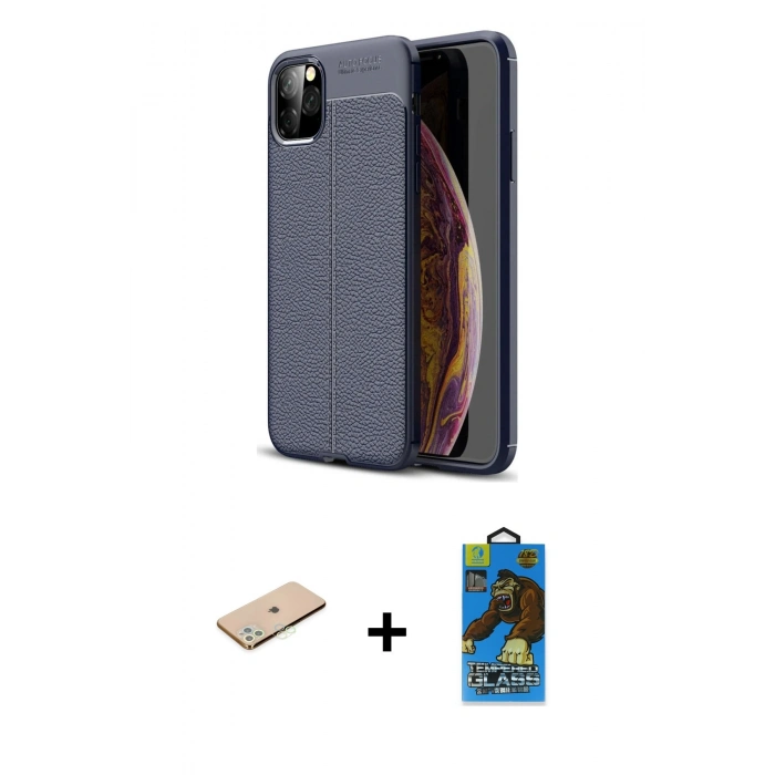 MARSİLYAN™- iPhone 11 Pro Max Kılıf Doruk Klasik Özel Seri - Siyah 18D Cam Ekran Koruyucu + Renkli Kamera Lens Koruma Cam - YL