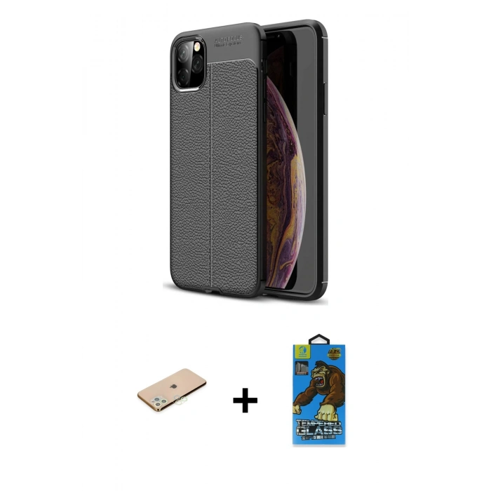 MARSİLYAN™- iPhone 11 Pro Max Kılıf Doruk Klasik Özel Seri - Siyah 18D Cam Ekran Koruyucu + Renkli Kamera Lens Koruma Cam - YL