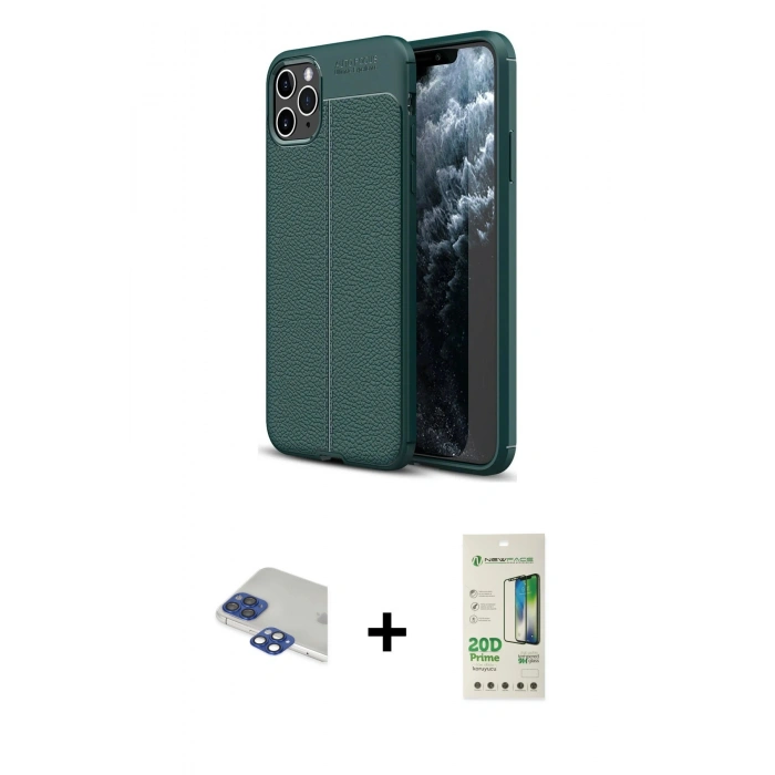 MARSİLYAN™- iPhone 11 Pro Max Kılıf Doruk Klasik Özel Seri - Siyah 20D Premium Cam Ekran Koruyucu + Lacivert Pers Alüminyum Kamera Lens