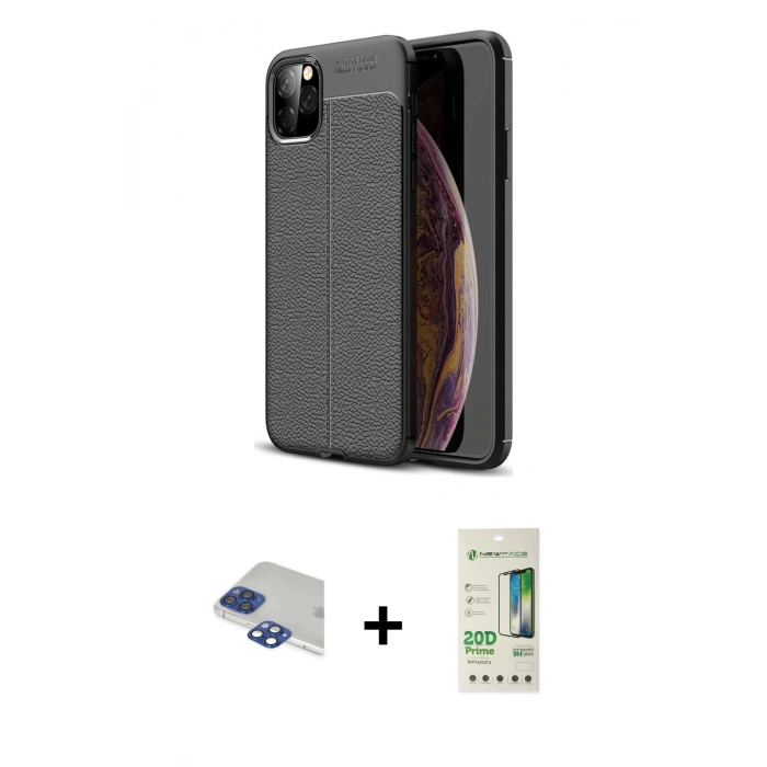 MARSİLYAN™- iPhone 11 Pro Max Kılıf Doruk Klasik Özel Seri - Siyah 20D Premium Cam Ekran Koruyucu + Lacivert Pers Alüminyum Kamera Lens