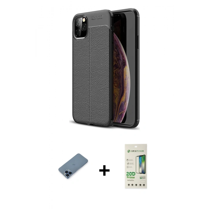 MARSİLYAN™- iPhone 11 Pro Max Kılıf Doruk Klasik Özel Seri - Siyah 20D Premium Cam Ekran Koruyucu + Mavi Metal Kamera Lens Koruma Cam