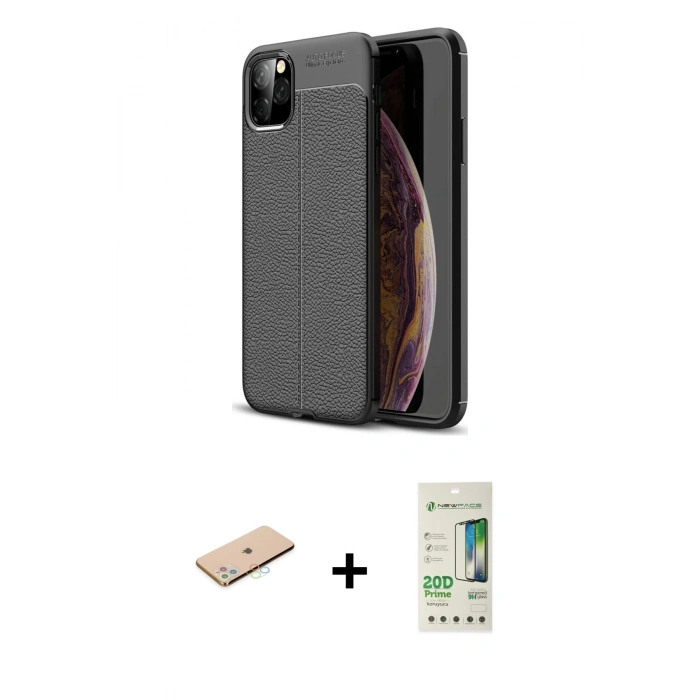 MARSİLYAN™- iPhone 11 Pro Max Kılıf Doruk Klasik Özel Seri - Siyah 20D Premium Cam Ekran Koruyucu + Renkli Kamera Lens Koruma Cam - MI
