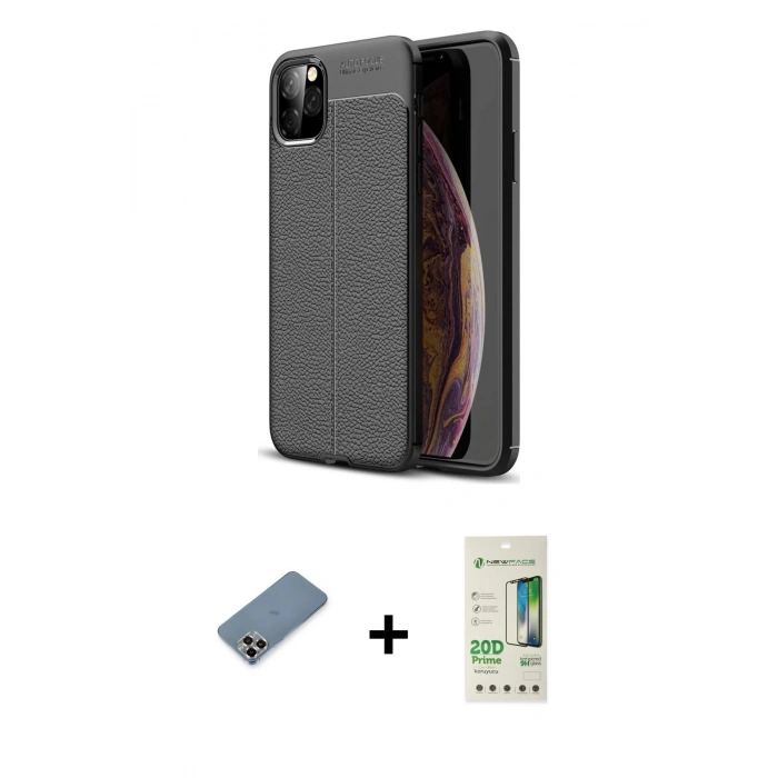MARSİLYAN™- iPhone 11 Pro Max Kılıf Doruk Klasik Özel Seri - Siyah 20D Premium Cam Ekran Koruyucu + Mor Metal Kamera Lens Koruma Cam