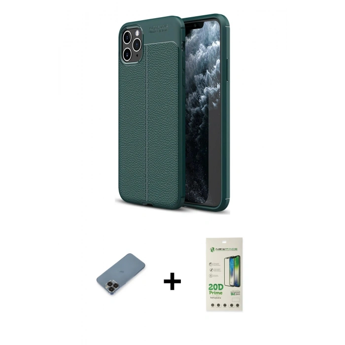 MARSİLYAN™- iPhone 11 Pro Max Kılıf Doruk Klasik Özel Seri - Siyah 20D Premium Cam Ekran Koruyucu + Metal Kamera Lens Koruma Cam - SH