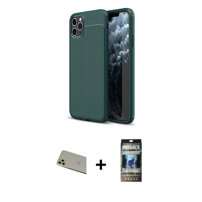 MARSİLYAN™- iPhone 11 Pro Max Kılıf Doruk Klasik Özel Seri - Siyah 34D Hayalet Izgaralı Cam + Rainbow Kamera Lens Koruma Cam - GD