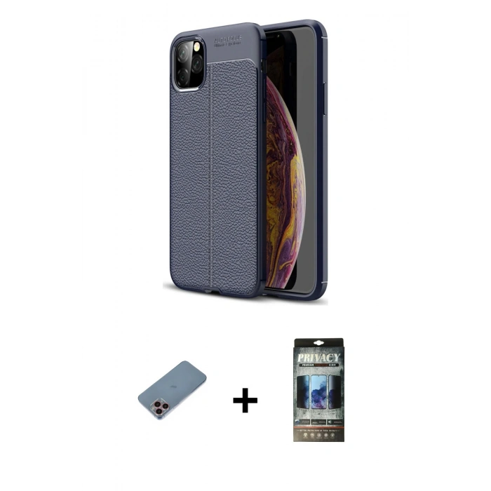 MARSİLYAN™- iPhone 11 Pro Max Kılıf Doruk Klasik Özel Seri - Siyah 34D Hayalet Izgaralı Cam + Shine Kamera Lens Koruma Cam - PE