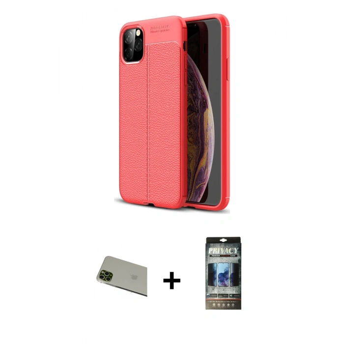 MARSİLYAN™- iPhone 11 Pro Max Kılıf Doruk Klasik Özel Seri - Siyah 34D Hayalet Izgaralı Cam + Rainbow Kamera Lens Koruma Cam - YL