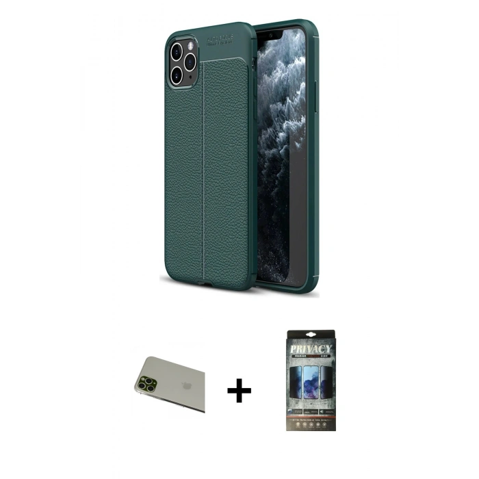 MARSİLYAN™- iPhone 11 Pro Max Kılıf Doruk Klasik Özel Seri - Siyah 34D Hayalet Izgaralı Cam + Rainbow Kamera Lens Koruma Cam - YL