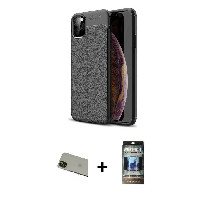 MARSİLYAN™- iPhone 11 Pro Max Kılıf Doruk Klasik Özel Seri - Siyah 34D Hayalet Izgaralı Cam + Rainbow Kamera Lens Koruma Cam - YL