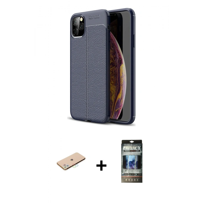 MARSİLYAN™- iPhone 11 Pro Max Kılıf Doruk Klasik Özel Seri - Siyah 34D Hayalet Izgaralı Cam + Renkli Kamera Lens Koruma Cam - MI