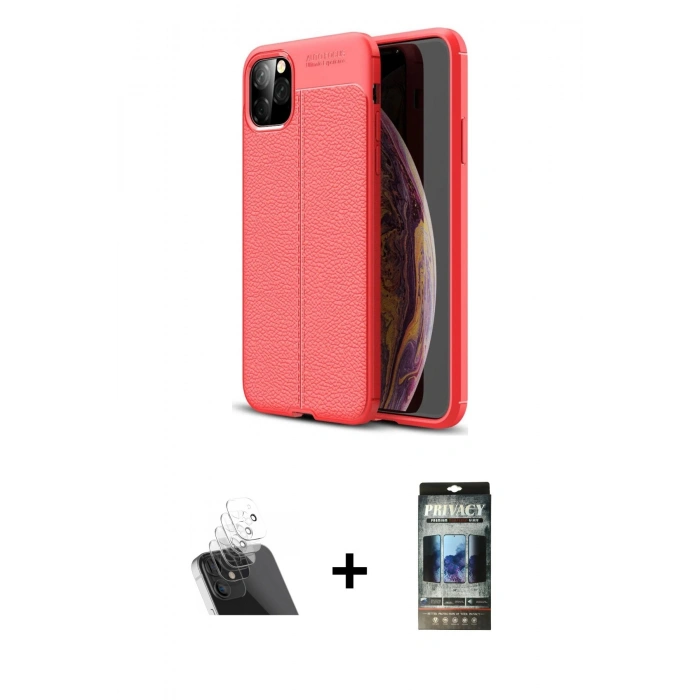 MARSİLYAN™- iPhone 11 Pro Max Kılıf Doruk Klasik Özel Seri - Siyah 34D Hayalet Izgaralı Cam + Şeffaf Kamera Lens Koruma Cam