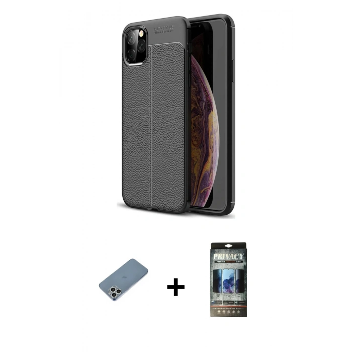 MARSİLYAN™- iPhone 11 Pro Max Kılıf Doruk Klasik Özel Seri - Siyah 34D Hayalet Izgaralı Cam + Shine Kamera Lens Koruma Cam - GS