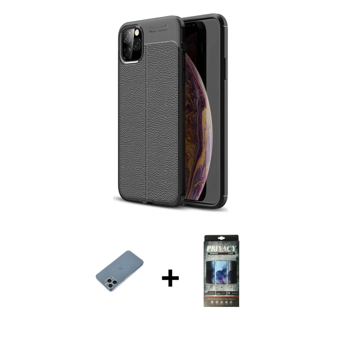 MARSİLYAN™- iPhone 11 Pro Max Kılıf Doruk Klasik Özel Seri - Siyah 34D Hayalet Izgaralı Cam + Shine Kamera Lens Koruma Cam - SABE