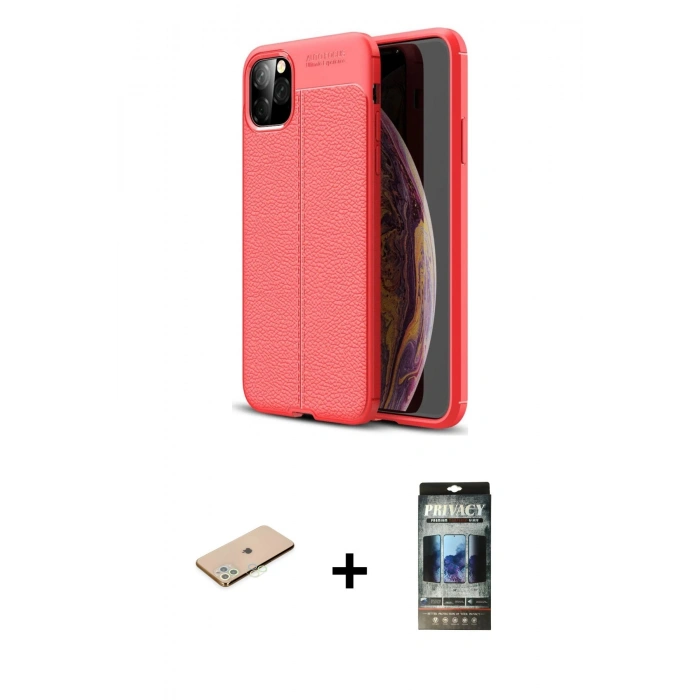 MARSİLYAN™- iPhone 11 Pro Max Kılıf Doruk Klasik Özel Seri - Siyah 34D Hayalet Izgaralı Cam + Renkli Kamera Lens Koruma Cam - YL