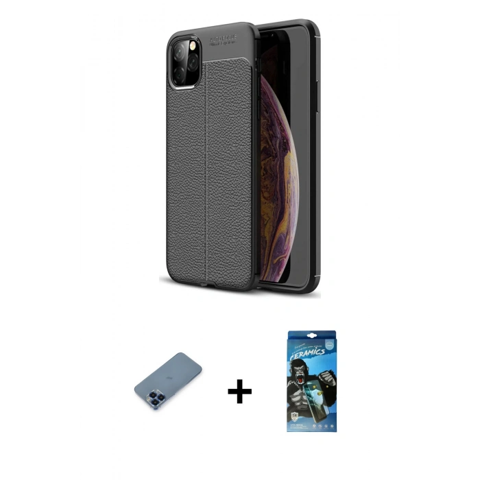 MARSİLYAN™- iPhone 11 Pro Max Kılıf Doruk Klasik Özel Seri - Siyah 34D Izgaralı Cam + Metal Kamera Lens Koruma Cam - MI