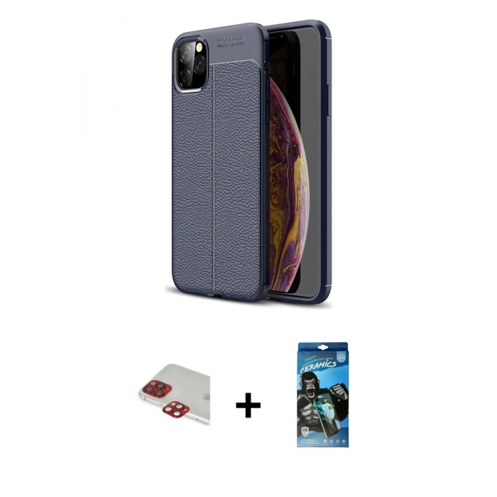 MARSİLYAN™- iPhone 11 Pro Max Kılıf Doruk Klasik Özel Seri - Siyah 34D Izgaralı Cam + Pers Alüminyum Kamera Lens - KI