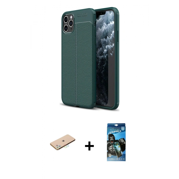 MARSİLYAN™- iPhone 11 Pro Max Kılıf Doruk Klasik Özel Seri - Siyah 34D Izgaralı Cam + Renkli Kamera Lens Koruma Cam - MI