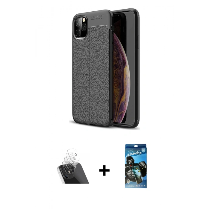 MARSİLYAN™- iPhone 11 Pro Max Kılıf Doruk Klasik Özel Seri - Siyah 34D Izgaralı Cam + Kamera Lens Koruma Cam - SF