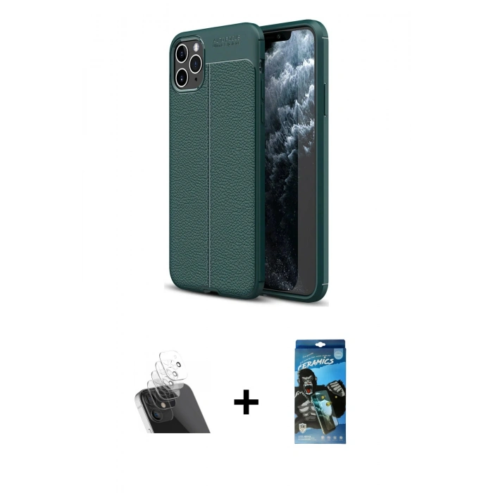 MARSİLYAN™- iPhone 11 Pro Max Kılıf Doruk Klasik Özel Seri - Siyah 34D Izgaralı Cam + Kamera Lens Koruma Cam - SF