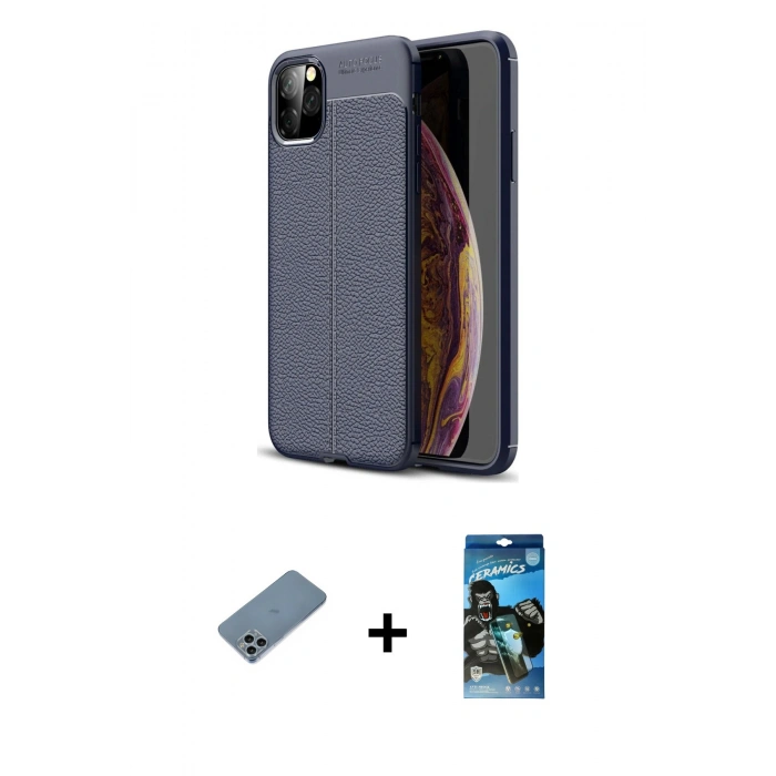 MARSİLYAN™- iPhone 11 Pro Max Kılıf Doruk Klasik Özel Seri - Siyah 34D Izgaralı Cam + Shine Kamera Lens Koruma Cam - SABE