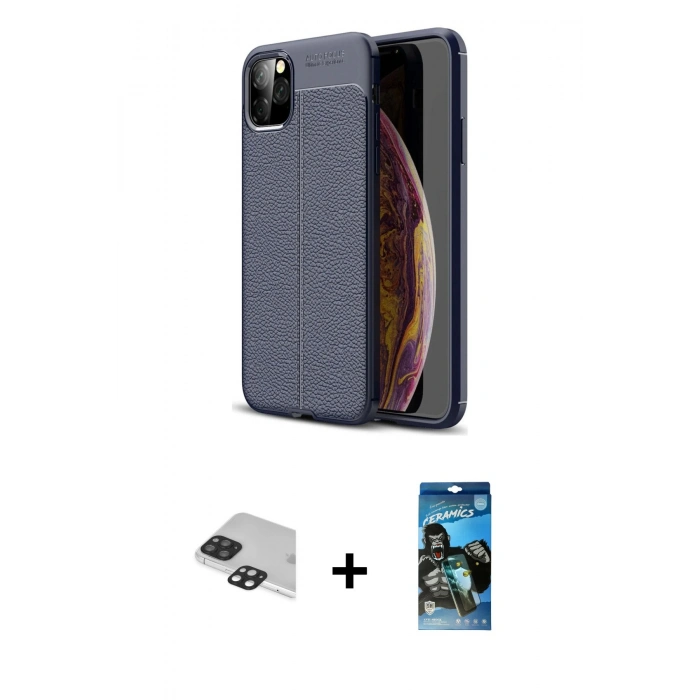 MARSİLYAN™- iPhone 11 Pro Max Kılıf Doruk Klasik Özel Seri - Siyah 34D Izgaralı Cam + Pers Alüminyum Kamera Lens - SH
