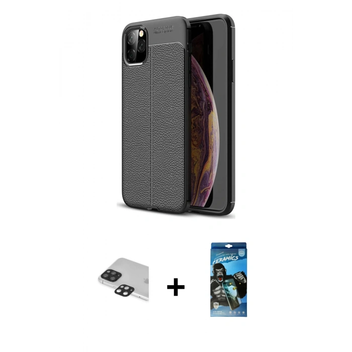 MARSİLYAN™- iPhone 11 Pro Max Kılıf Doruk Klasik Özel Seri - Siyah 34D Izgaralı Cam + Pers Alüminyum Kamera Lens - SH