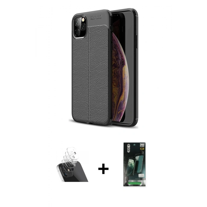 MARSİLYAN™- iPhone 11 Pro Max Kılıf Doruk Klasik Özel Seri - Siyah 360 Mat Full Body Arka Koruyucu + Kamera Lens Koruma Cam - SF