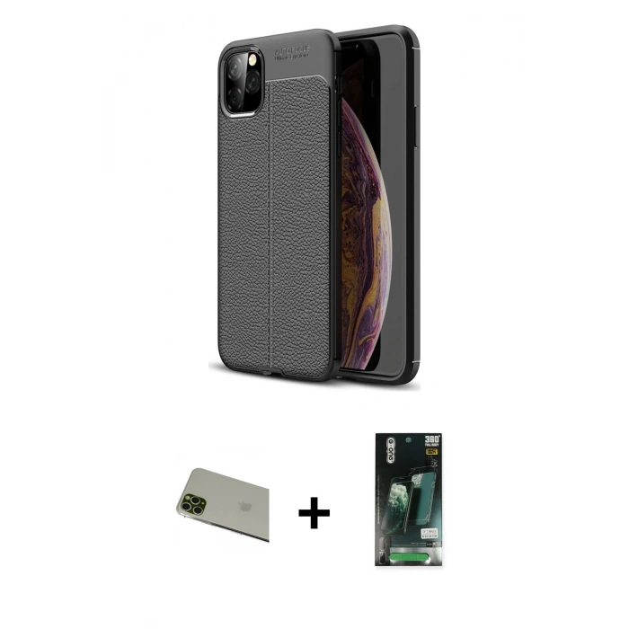 MARSİLYAN™- iPhone 11 Pro Max Kılıf Doruk Klasik Özel Seri - Siyah 360 Mat Full Body Arka Koruyucu + Rainbow Kamera Lens Koruma Cam - YL