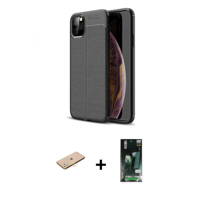 MARSİLYAN™- iPhone 11 Pro Max Kılıf Doruk Klasik Özel Seri - Siyah 360 Mat Full Body Arka Koruyucu + Renkli Kamera Lens Koruma Cam - SI