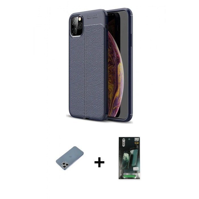 MARSİLYAN™- iPhone 11 Pro Max Kılıf Doruk Klasik Özel Seri - Siyah 360 Mat Full Body Arka Koruyucu + Shine Kamera Lens Koruma Cam - GS