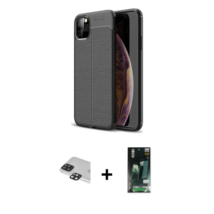 MARSİLYAN™- iPhone 11 Pro Max Kılıf Doruk Klasik Özel Seri - Siyah 360 Mat Full Body Arka Koruyucu + Pers Alüminyum Kamera Lens - SH