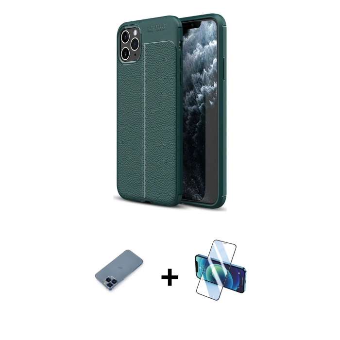 MARSİLYAN™- iPhone 11 Pro Max Kılıf Doruk Klasik Özel Seri - Siyah 3D Antistatik Cam Ekran Koruyucu + Metal Kamera Lens Koruma Cam - MI