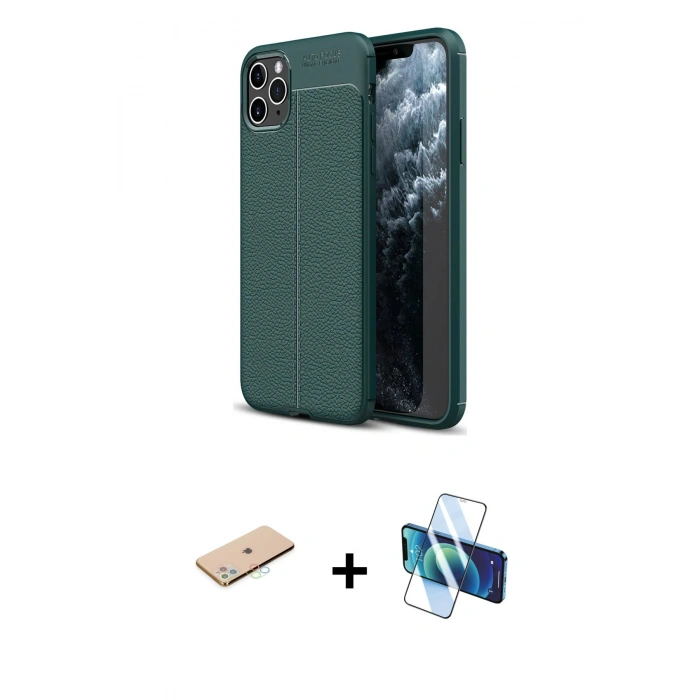 MARSİLYAN™- iPhone 11 Pro Max Kılıf Doruk Klasik Özel Seri - Siyah 3D Antistatik Cam Ekran Koruyucu + Renkli Kamera Lens Koruma Cam - MI