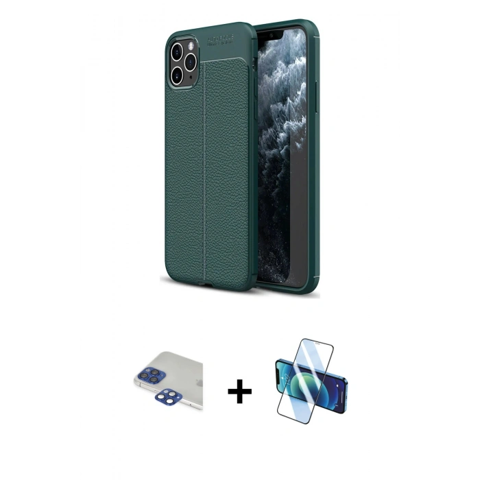 MARSİLYAN™- iPhone 11 Pro Max Kılıf Doruk Klasik Özel Seri - Siyah 3D Antistatik Cam Ekran Koruyucu + Pers Alüminyum Kamera Lens - LT