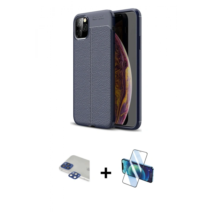 MARSİLYAN™- iPhone 11 Pro Max Kılıf Doruk Klasik Özel Seri - Siyah 3D Antistatik Cam Ekran Koruyucu + Pers Alüminyum Kamera Lens - LT