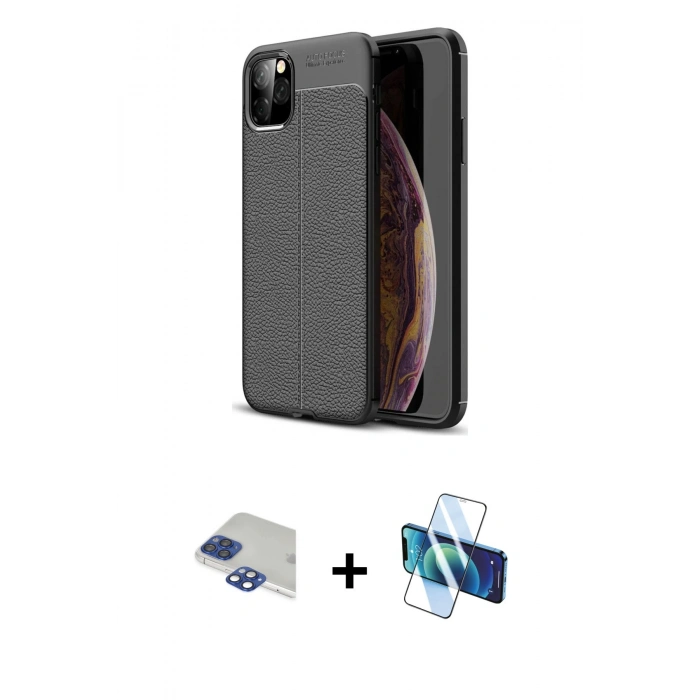 MARSİLYAN™- iPhone 11 Pro Max Kılıf Doruk Klasik Özel Seri - Siyah 3D Antistatik Cam Ekran Koruyucu + Pers Alüminyum Kamera Lens - LT