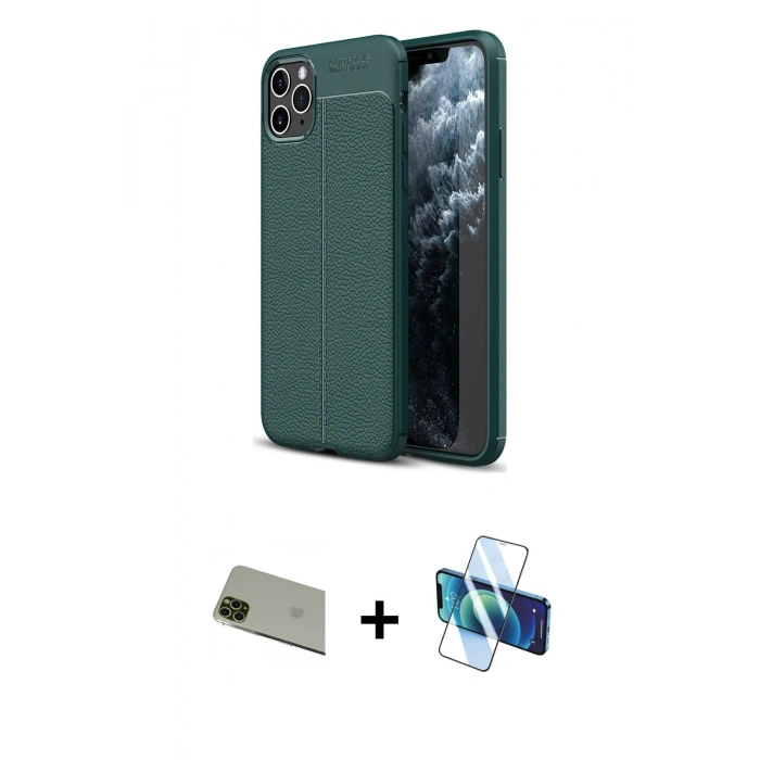 MARSİLYAN™- iPhone 11 Pro Max Kılıf Doruk Klasik Özel Seri - Siyah 3D Antistatik Cam Ekran Koruyucu + Rainbow Kamera Lens Koruma Cam - YL