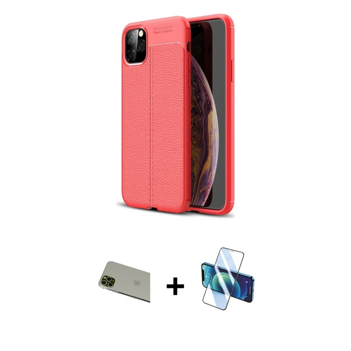 MARSİLYAN™- iPhone 11 Pro Max Kılıf Doruk Klasik Özel Seri - Siyah 3D Antistatik Cam Ekran Koruyucu + Rainbow Kamera Lens Koruma Cam - YL