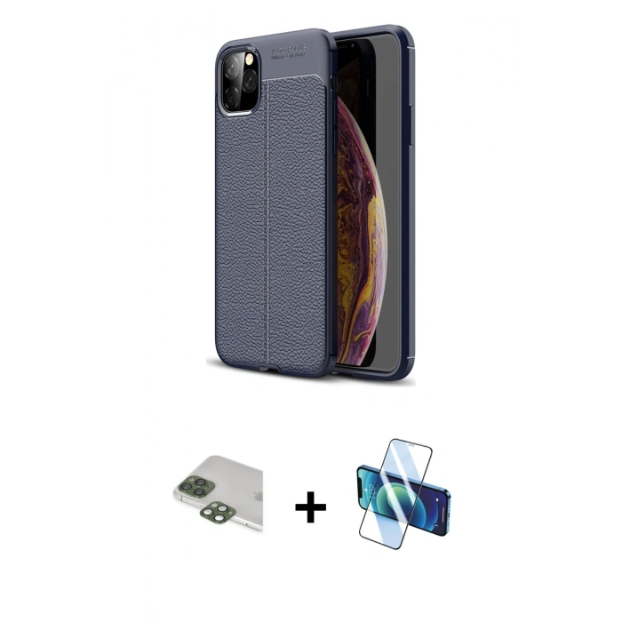 MARSİLYAN™- iPhone 11 Pro Max Kılıf Doruk Klasik Özel Seri - Siyah 3D Antistatik Cam Ekran Koruyucu + Pers Alüminyum Kamera Lens - YL