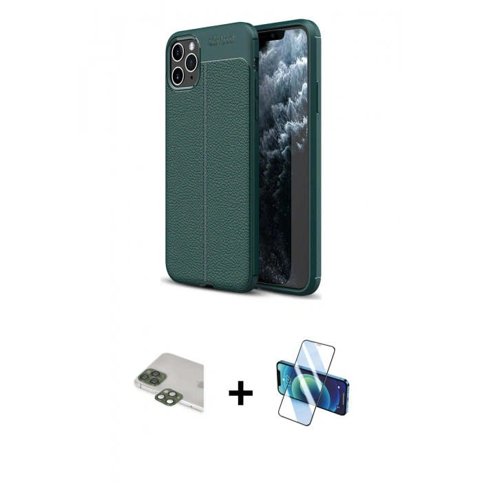 MARSİLYAN™- iPhone 11 Pro Max Kılıf Doruk Klasik Özel Seri - Siyah 3D Antistatik Cam Ekran Koruyucu + Pers Alüminyum Kamera Lens - YL